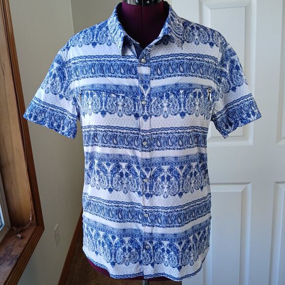 NWOT Rogue State Blue Paisley Pearl Snap-Front Shirt L cotton collared s.sleeve - Picture 6 of 14